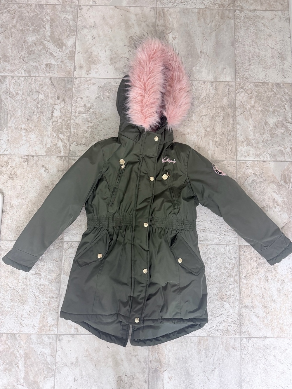 Weatherproof Olive Green Kids Parka with Pink Faux Fur Hood